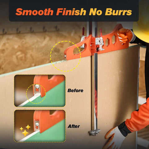 Front view: SakerPlus Foldable Drywall Cutting Tool, orange with red clamps, dual-positioning for gypsum; 10 blades