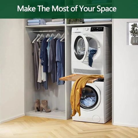 24 Inch Washer And Dryer Stacking Kit With Pull Out Shelf And Ratchet Strap in closet setup, space-saving stackable pair