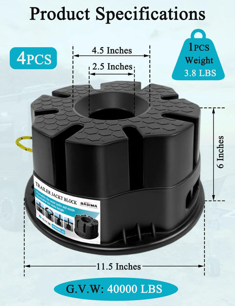 Heavy Duty 6 Inch Trailer Jack Blocks 4 Pack, weatherproof polymer, dimensions marked, supports 40000 lbs, used for RV stability.