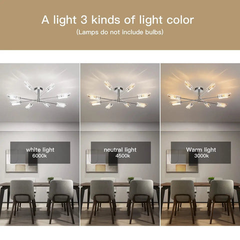 Semi Flush Mount Sputnik Chandelier With Glass Shades For Living Room Bedroom Kitchen, showing three light color options
