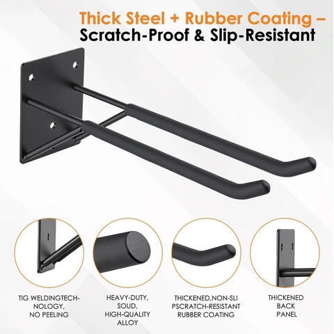 Beefy Heavy Duty Garage Hooks 8 Pack for Wall Mount Storage shown with black steel and rubber coating for slip resistance.