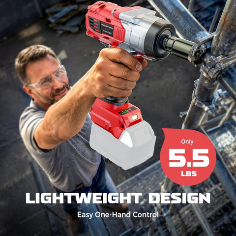 Garage Tested Heavy Hitter 1/2 Inch Cordless Impact Wrench being used for easy one-hand control weighing only 5.5 lbs.