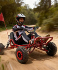Rider on Rugged 64cc Two Stroke Gas Go Kart With Two And A Half HP Hydraulic Disc Brake Steel Tubular Frame Six Inch All Terrain Tires 265 Pound Load Capacity For Off Road Adventures on dirt path