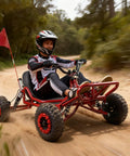 Person riding an Off Road Gas Powered Go Kart With 63cc 2 Stroke Engine, red steel frame, 6 inch all terrain tires, on dirt trail