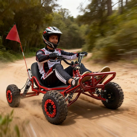 Person riding a Gas Powered Go Kart For Adults And Kids With A Rugged Premium Steel Tubular Frame, 63cc 2 Stroke Engine on dirt track