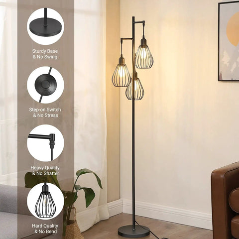Dope Industrial Tree Floor Lamp with Three Teardrop Cage Heads in a living room, includes Three 4W 3000K LED Edison Bulbs