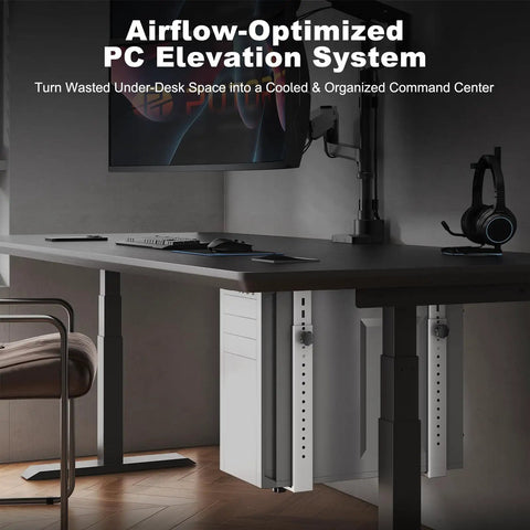 Transform Your Battle Station With This Rock Solid Under Desk PC Mount Bracket for a mini tower, white steel construction under desk setup.