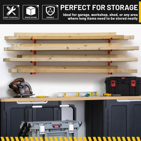 Heavy Duty Wall Mount Lumber Rack Solid Steel Wood Organizer Four Tier Garage Storage Shelf Handles Eight Hundred Pounds Built Tough As Nails For Home Workshops with lumber on wall
