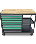 Heavy Duty Mobile Tool Cabinet With Wood Top Workbench And Seven Smooth Gliding Drawers Lockable Storage Drawer Brake Caster Black Metal Frame With Double Shelves For Garage Workshop Or Outdoor Use