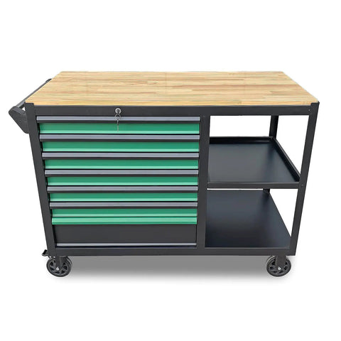 Heavy Duty Mobile Tool Cabinet With Wood Top Workbench And Seven Smooth Gliding Drawers Lockable Storage Drawer Brake Caster Black Metal Frame With Double Shelves For Garage Workshop Or Outdoor Use