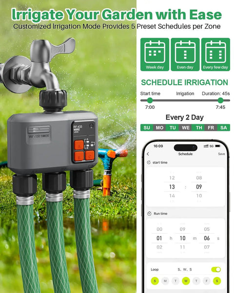 3 Zone WiFi Sprinkler Timer With 984 Ft Range And 3 Outlet Smart Water Timer For Garden Hoses attached to faucet
