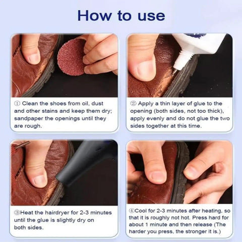 Step-by-step use of Waterproof Quick Dry Super Strong Shoe Glue for Sneakers Boots Sandals and Hiking Shoes with needle tip