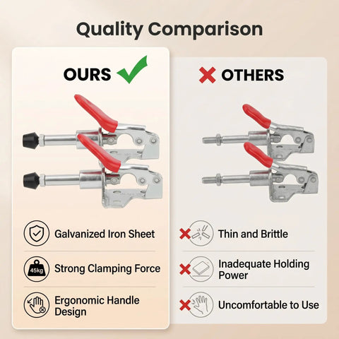 Quality comparison of Four Pack Heavy Duty Push Pull Toggle Clamps With Beefy Hold And 99 Pound Load Rating 190 Degree Angled Handle.