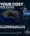 Bluetooth Music Neck Pillow With Built In Speaker For Travel Sleep On Planes Trains Cars And Buses Semicircular 360 Neck Support Portable Navy Blue Travel Essential displayed with smartphone.
