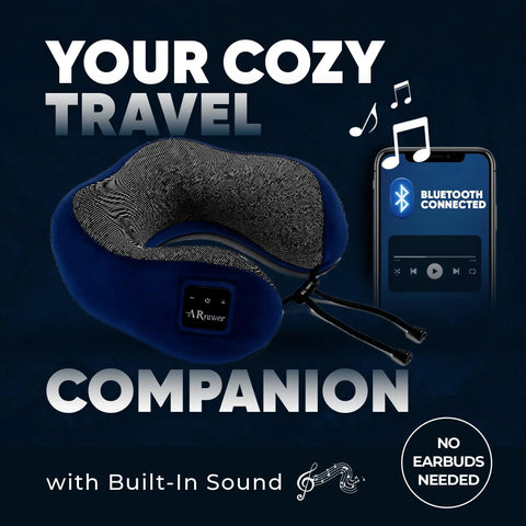 Bluetooth Music Neck Pillow With Built In Speaker For Travel Sleep On Planes Trains Cars And Buses Semicircular 360 Neck Support Portable Navy Blue Travel Essential displayed with smartphone.