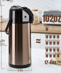Upgraded Airpot Coffee Carafe With Double Pump Stainless Steel Drink Dispenser For Hot And Cold Bevs With Lazy Susan Base Perfect For Parties Gatherings And Office Breakrooms standing on counter showing size and capacity details.