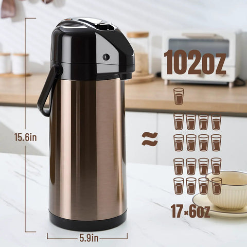 Upgraded Airpot Coffee Carafe With Double Pump Stainless Steel Drink Dispenser For Hot And Cold Bevs With Lazy Susan Base Perfect For Parties Gatherings And Office Breakrooms standing on counter showing size and capacity details.