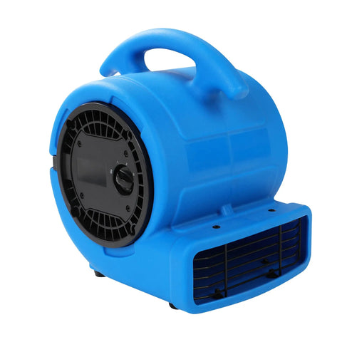 Blue Powerhouse 1/8 HP Air Mover with 600 CFM Floor Dryer Utility Blower, three-speed settings, rugged poly housing for efficient drying.