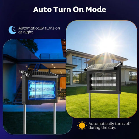 Solar Bug Zapper Outdoor Cordless Mosquito Killer Lamp With 10W Solar Panel and 4500V Shock Grid in backyard setting.
