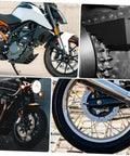 Mobestech motorcycle hub nut tool collage showing motorcycles with front wheel, disc brake, and gear hub close-up.