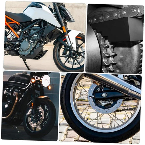 Mobestech motorcycle hub nut tool collage showing motorcycles with front wheel, disc brake, and gear hub close-up.
