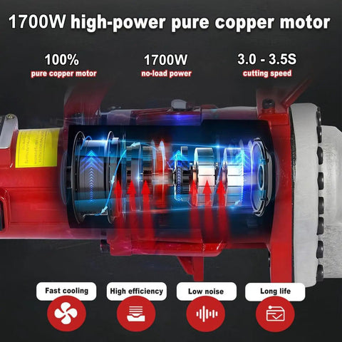 1700W high-power pure copper motor of Huge Power Electric Hydraulic Rebar Cutter, showcasing fast cooling and cutting speed.