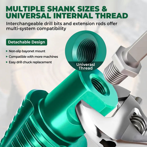 50 mm Log Splitting Drill Bit With Smooth Sail Anti Jam Core And Quick Swap Detachable Head Heavy Duty Firewood Adapter shown with multiple shank sizes.