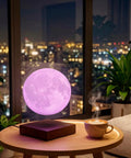 Lit Floating Moon Lamp With Magnetic Levitation And Spinning 5.9 Inch Moon Light 16 RGB Colors glowing on a table in a cozy room.