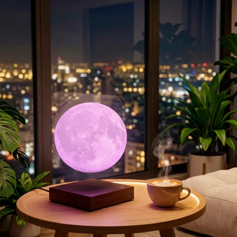 Lit Floating Moon Lamp With Magnetic Levitation And Spinning 5.9 Inch Moon Light 16 RGB Colors glowing on a table in a cozy room.