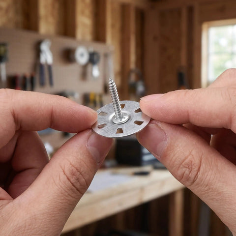 Heavy Duty Metal Washers For Foam Board Insulation Kit With Screws 1.4 Inch Diameter Silver That Help Prevent Cracking And Wall Stress In Partition Installations With Load Spreading Foam Panel Washers For A Tight Secure Fix Built To Last., silver washer with screw held in hands