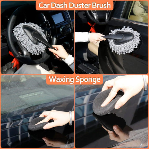 Orange Must Have All In One Car Detailing Kit With Storage Bag Pro Grade Microfiber Towels Wash Mitt and Wax Sponges in use