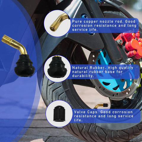 Two Pack PVR50 Valve Stem Set Bent 135 Degree Angled Snap In Tubeless Tire Valve Stems Brass With Rubber Base Universal Rim Replacement For Motorcycle Scooter ATV