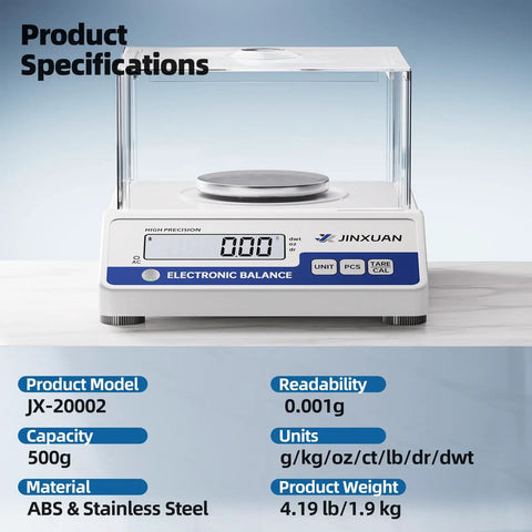 Milligram Scale 0.001g Accuracy, 500g Digital Analytical Balance With Windshield, LCD Display, 7 Units, Calibration Weight Shown