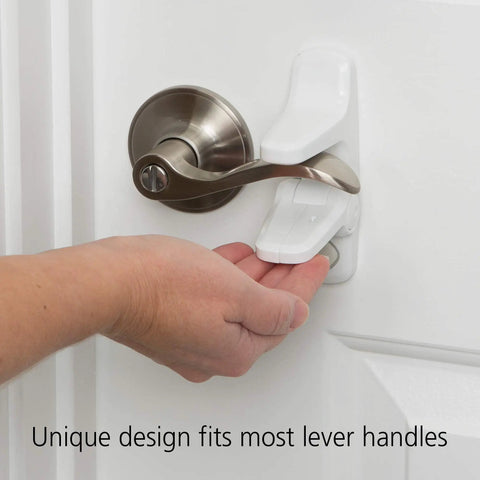 Outsmart Lever Handle Lock 2 Pack White Easy Install Kidproof Door Safety for Lever Handles, adult demonstrating use