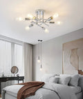 Bedroom with Six-Light Modern Sputnik Chandelier With Chrome Finish For Dining Room Bedroom Hallway Kitchen And Office Semi Flush Mount Ceiling Light Fixture Mid Century Style Dope Vibe