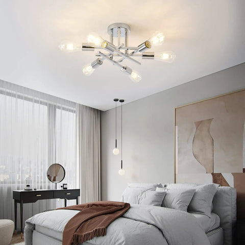 Bedroom with Six-Light Modern Sputnik Chandelier With Chrome Finish For Dining Room Bedroom Hallway Kitchen And Office Semi Flush Mount Ceiling Light Fixture Mid Century Style Dope Vibe