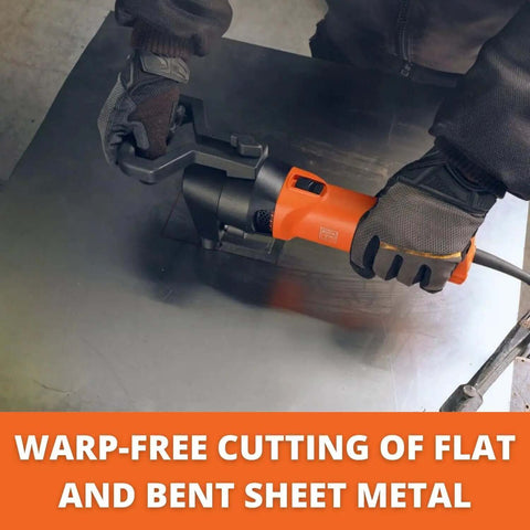 Pro Grade Nibbler For Curves And Cutouts 10 Gauge Steel Cutting Tool With 1700W Power And QuickIn System in action on sheet metal