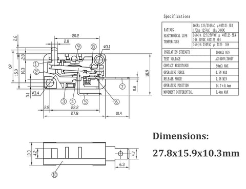 Technical diagram of Microwave Oven Door Switch Replacement Part 16A 125VAC Normally Open KW3AT-16 with dimensions 27.8x15.9x10.3mm