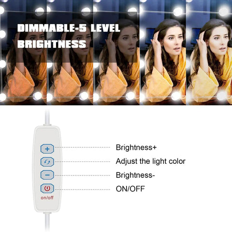 Woman using Hollywood Style Vanity Lights For Mirror With 10 Dimmable Bulbs USB Powered Stick On Vanity Strip Lights.