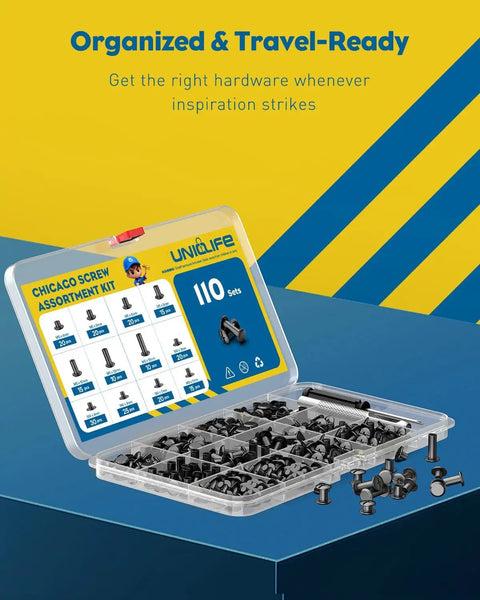 Badass Leather Chicago Screw Kit With 110 Set M5 And M4 Rivets Comes With Awl And Screwdriver for organizing screws in transparent case.