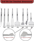 8 Piece SDS Plus Rotary Hammer Chisel Set For Demolition Masonry And Concrete Including Tile Removal Grooving Scraping Scaling Point Flat Wide Angled Chisels with dimensions