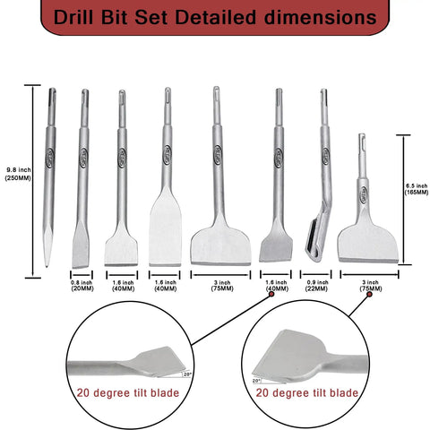 8 Piece SDS Plus Rotary Hammer Chisel Set For Demolition Masonry And Concrete Including Tile Removal Grooving Scraping Scaling Point Flat Wide Angled Chisels with dimensions