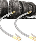 Two Piece Heavy Duty Tire Inflator Hose Adapter With 13 Inch Stainless Steel Extension For Cars And Bikes Reaches Tight Valve Spots Easy With M8 Thread Secures Air Pump Flow Avoids Leaks Helps Maintain Pressure High On The Road Anytime You Drive. 2pc braided metal hose adapter for car and bike tires