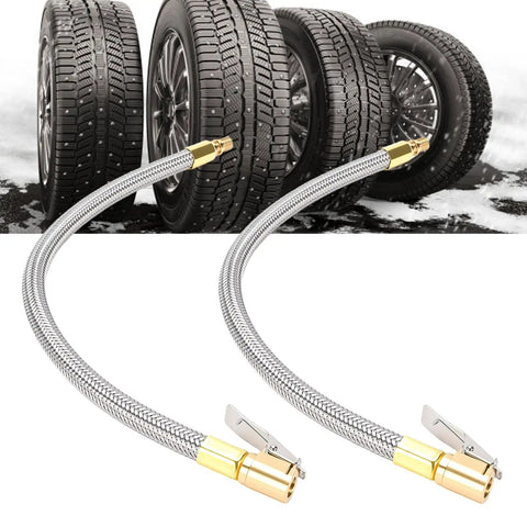 Two Piece Heavy Duty Tire Inflator Hose Adapter With 13 Inch Stainless Steel Extension For Cars And Bikes Reaches Tight Valve Spots Easy With M8 Thread Secures Air Pump Flow Avoids Leaks Helps Maintain Pressure High On The Road Anytime You Drive. 2pc braided metal hose adapter for car and bike tires