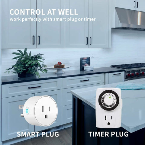 Modern kitchen with cabinets and countertop featuring smart plug and timer plug for appliance control.
