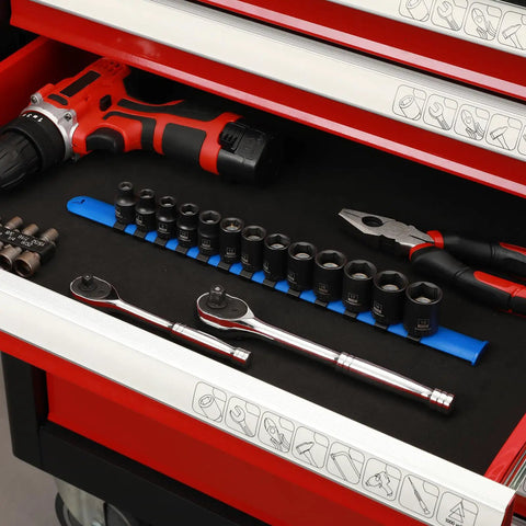 3/8 Inch Drive Magnetic Socket Set Shallow 6-Point Metric 7mm To 19mm, 13-Piece CR-MO Steel with tools in drawer
