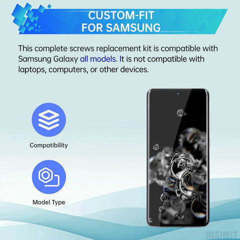Total White Screws Replacement Kit For Samsung Galaxy Phones Lock It Down Bang On With Every Model Rock Solid Fastener Set displayed with Samsung Galaxy phone compatibility.