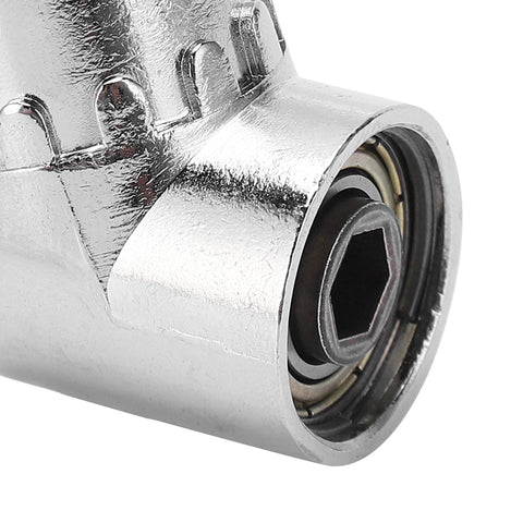105° right-angle screwdriver bit adapter with hex drive, chrome-plated metal extension sleeve.