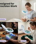 Clamp On Magnifying Lamp With 7 Inch Glass Lens 5 Diopter 6500K Daylight LED Glare Free Adjustable Arm for precision work in esthetics, soldering, and sewing.