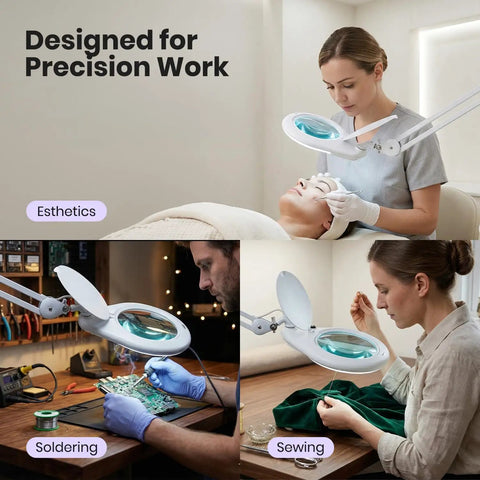 Clamp On Magnifying Lamp With 7 Inch Glass Lens 5 Diopter 6500K Daylight LED Glare Free Adjustable Arm for precision work in esthetics, soldering, and sewing.